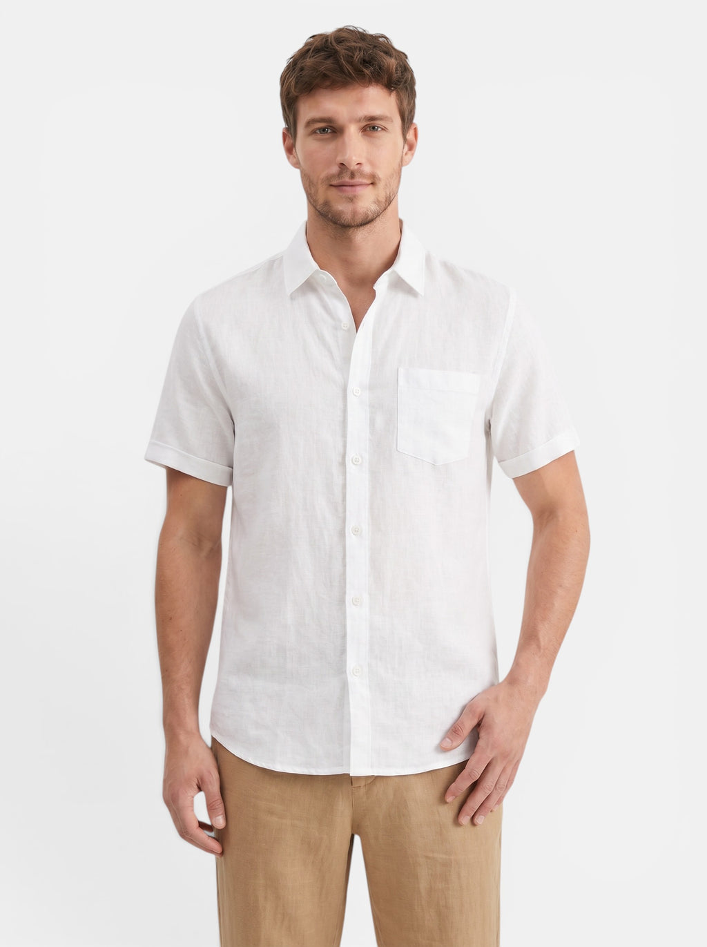 Venatte men's white short-sleeve cotton linen blend casual beach shirt with turn-down collar and chest pocket.