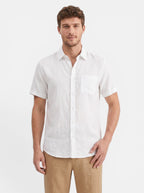 Venatte men's white short-sleeve cotton linen blend casual beach shirt with turn-down collar and chest pocket.