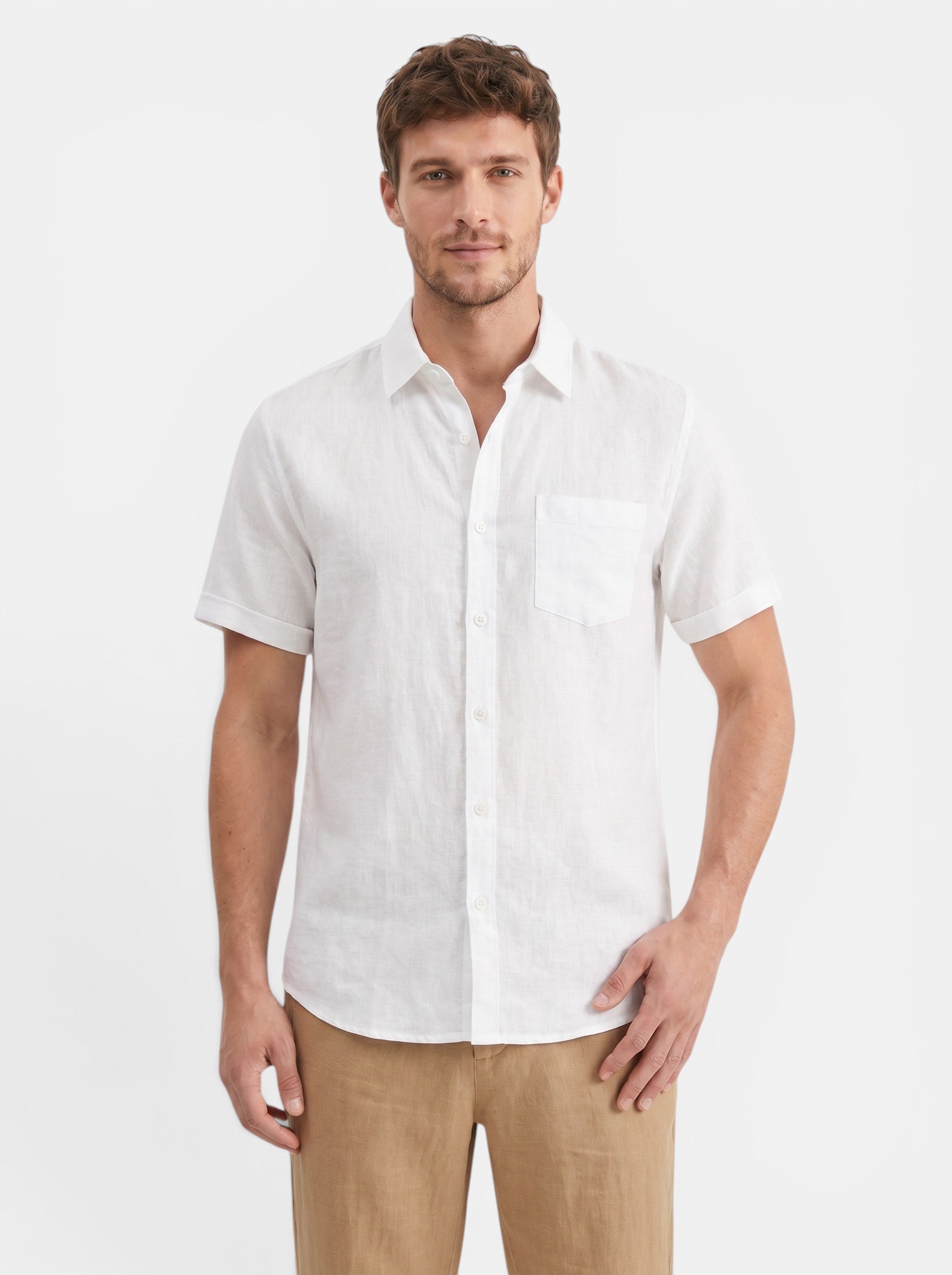Venatte men's white short-sleeve cotton linen blend casual beach shirt with turn-down collar and chest pocket.