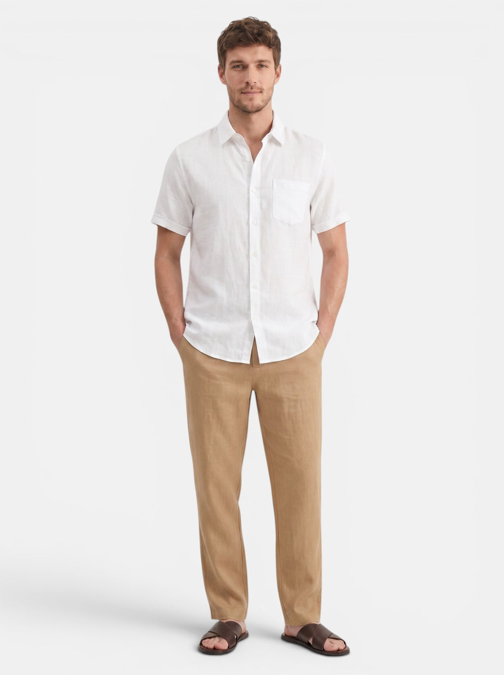 Venatte men's white short-sleeve cotton linen blend casual beach shirt with turn-down collar.