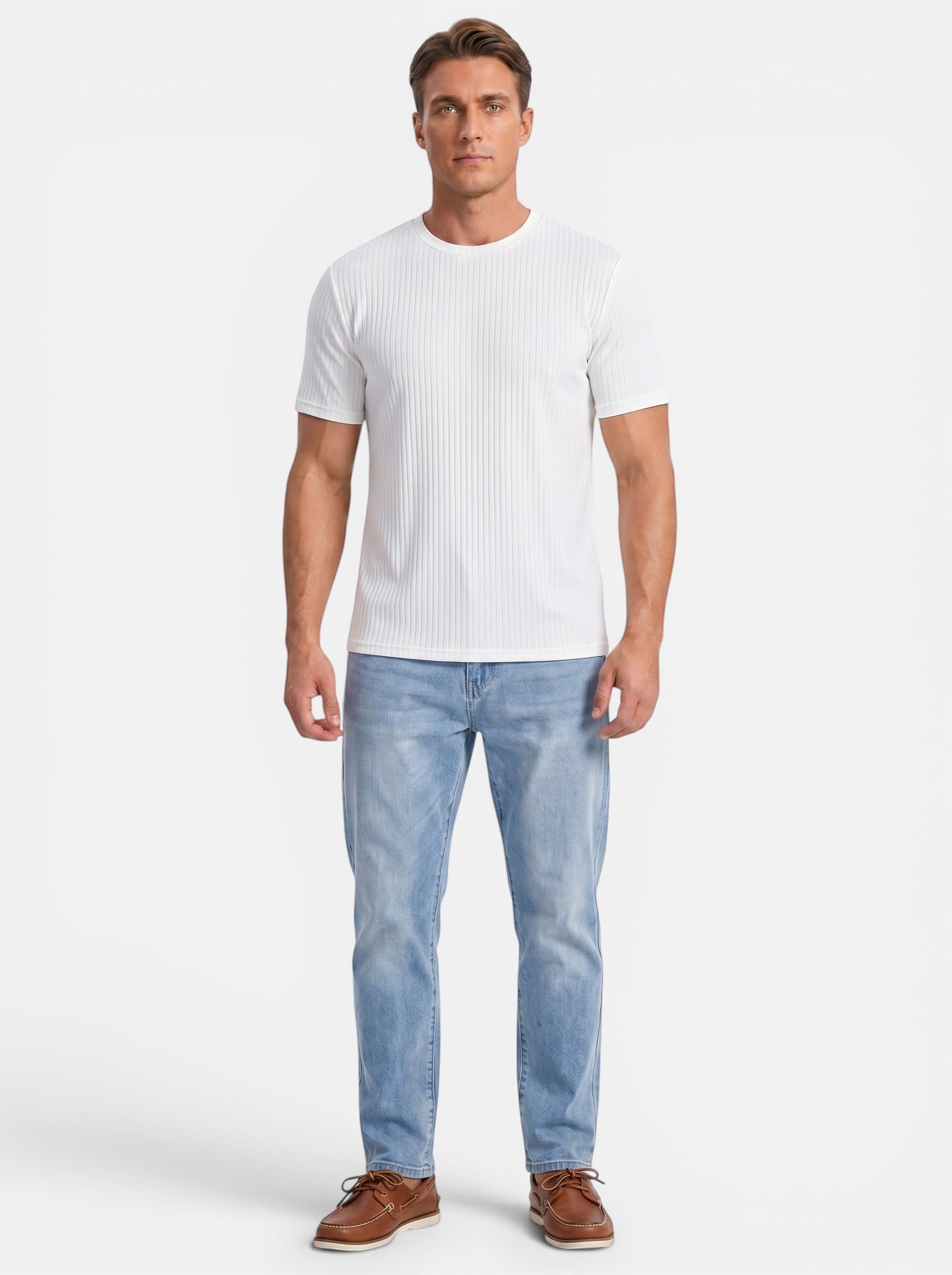 Venatte men's slim-fit white short-sleeve knit t-shirt with vertical ribbing and crew neckline.