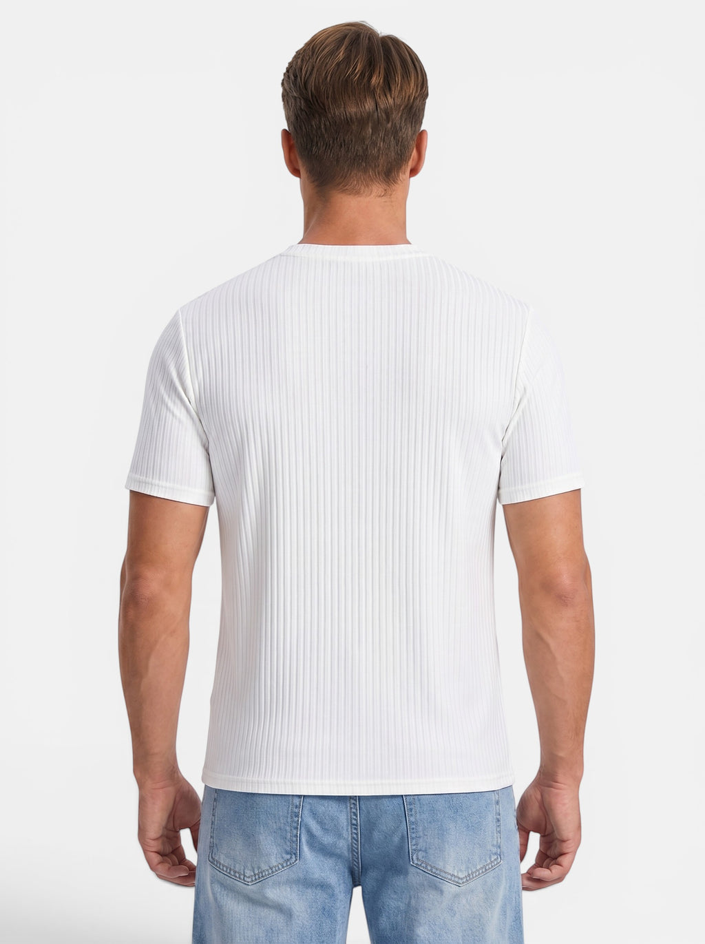 Venatte men's white short-sleeve slim-fit knit t-shirt with vertical ribbing and crew neck.