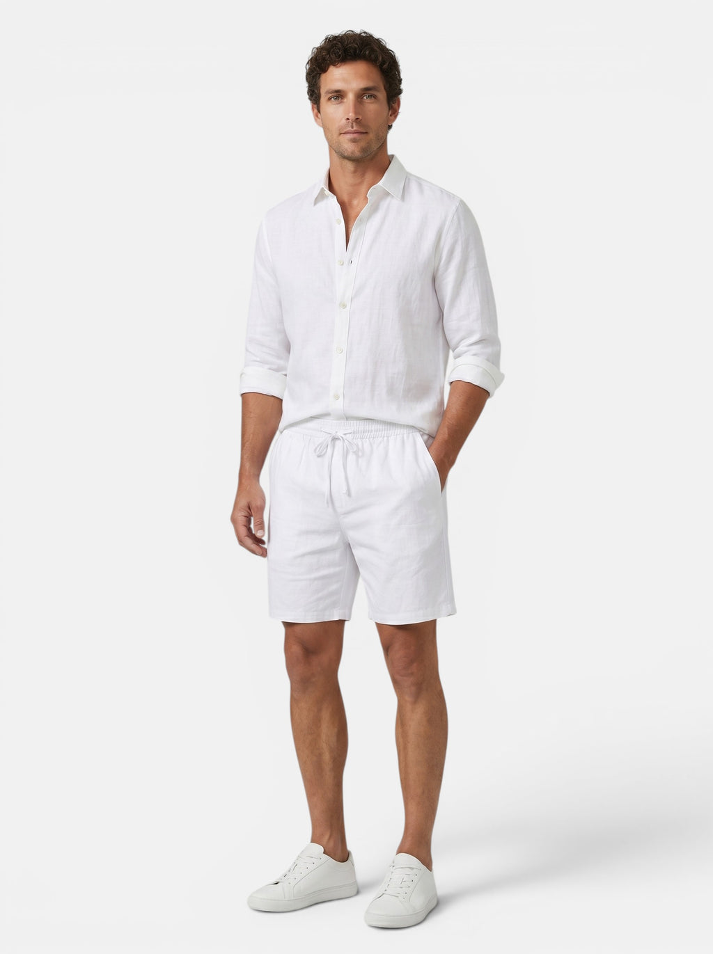 Venatte men's white linen blend shorts with elastic waistband and drawstring. Relaxed fit, breathable fabric.