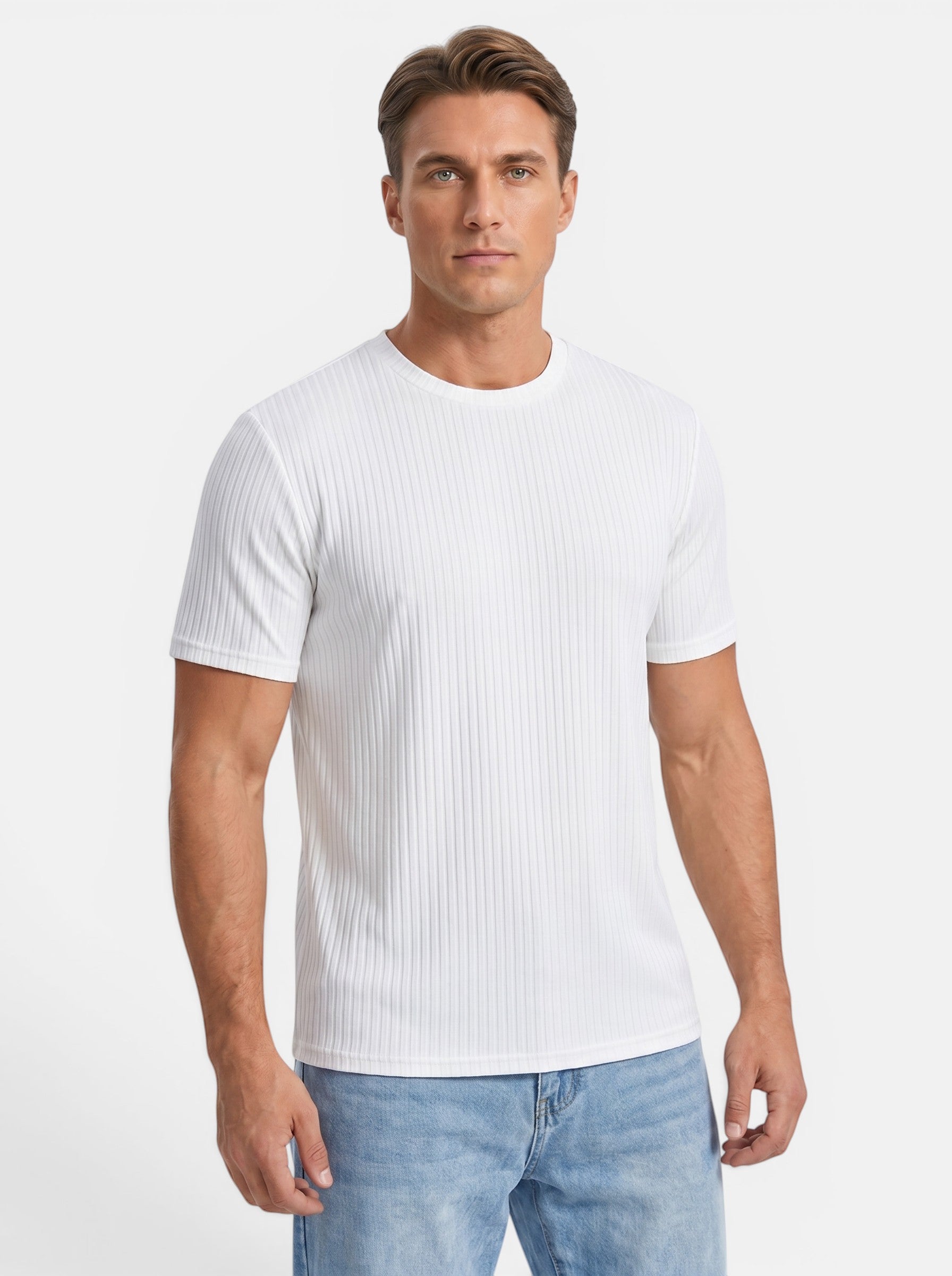 Venatte men's slim-fit white short-sleeve crew neck t-shirt in ribbed polyester knit fabric.
