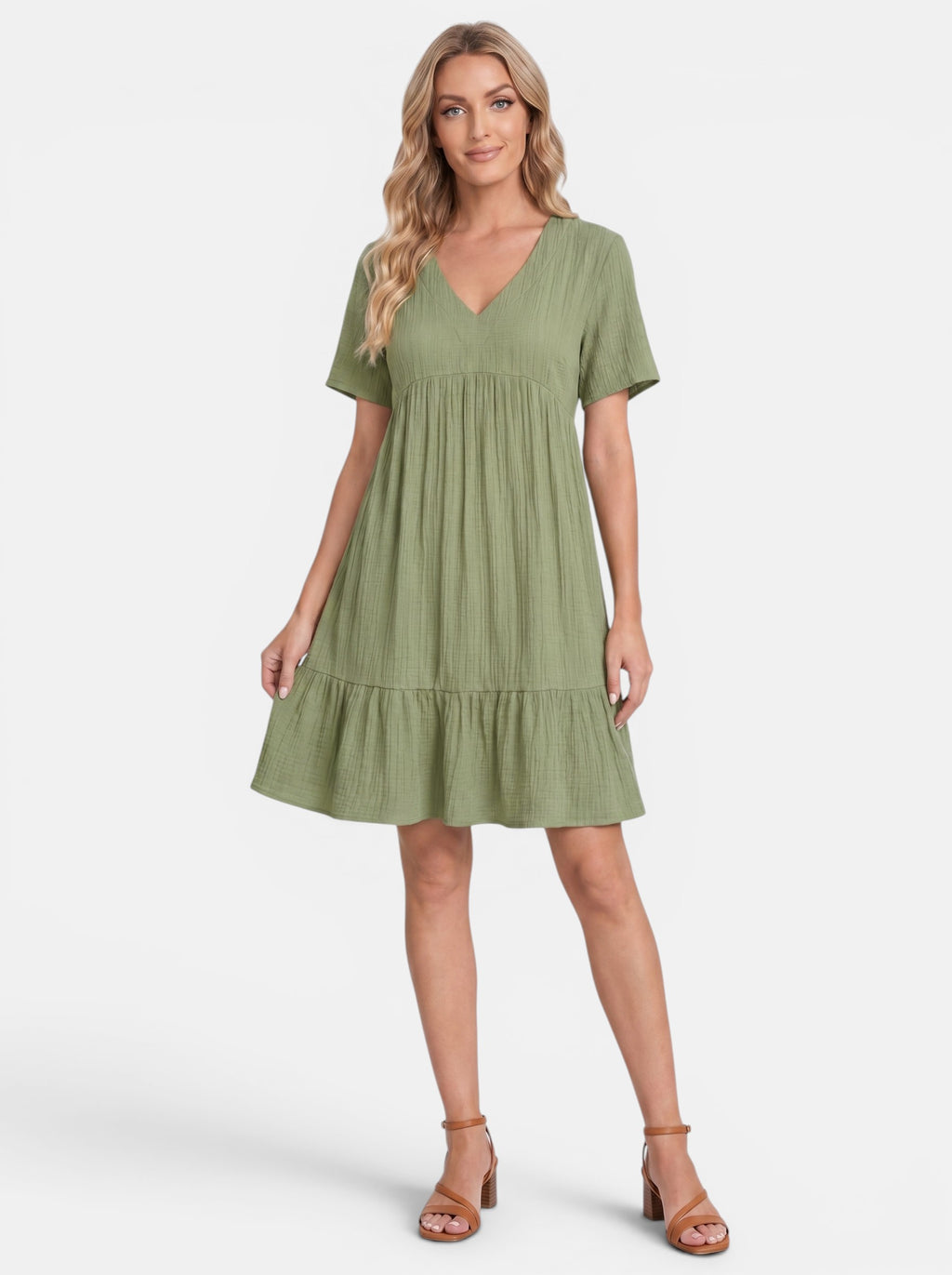 Venatte olive green ruffled V-neck mini dress with A-line silhouette and short sleeves, made of soft polyester blend.