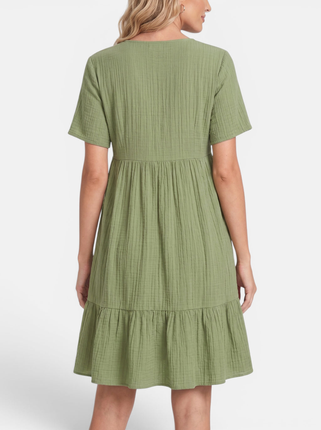 Venatte olive green ruffled mini dress with V-neck and A-line silhouette, made of soft polyester blend.