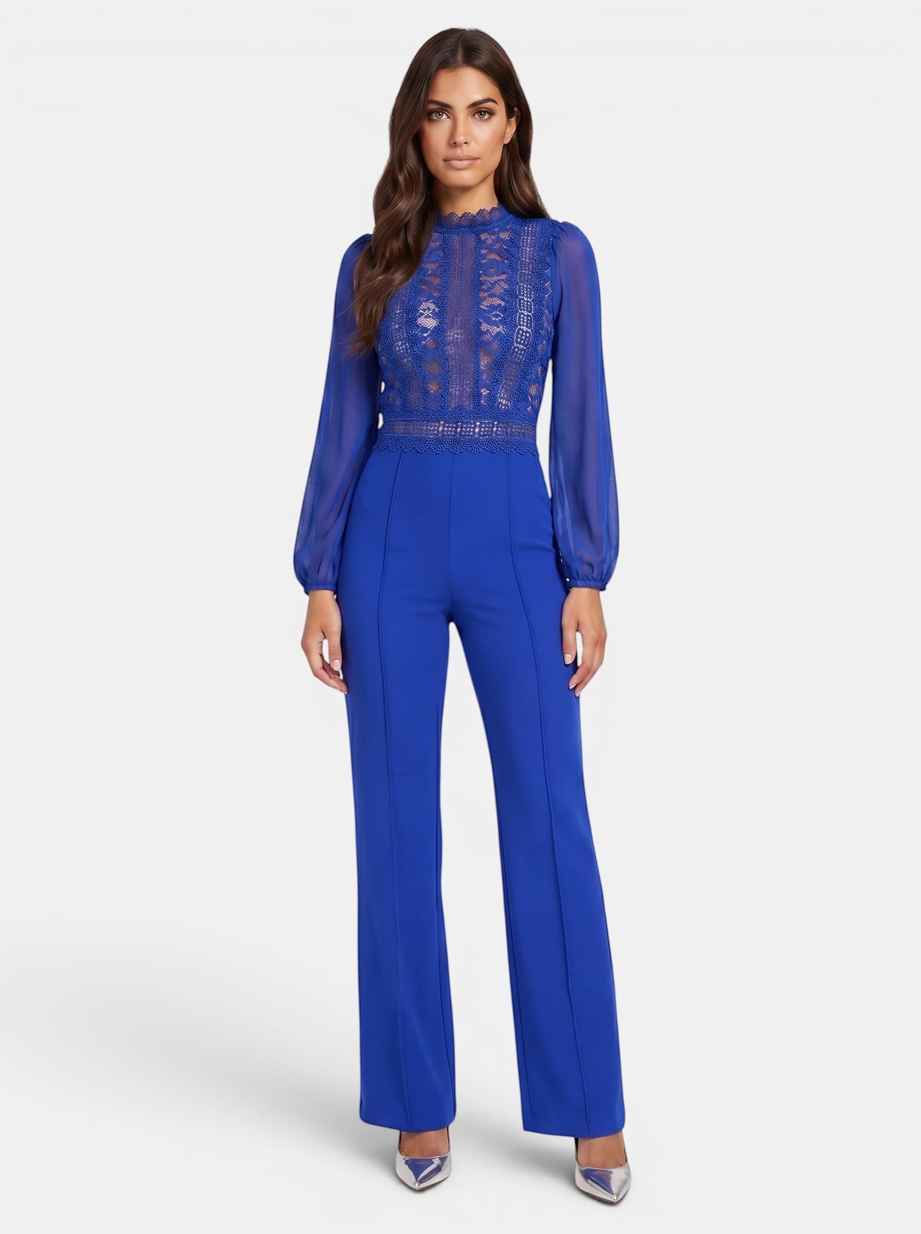 Venatte women's royal blue crochet lace mesh jumpsuit with long sleeves and flared legs. Elegant evening wear.