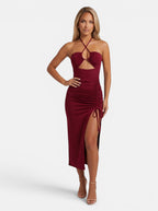 Venatte women's sleeveless deep red bodycon midi dress with cutout and ruched side slit