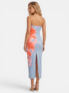Venatte women's strapless maxi dress in light blue with an orange abstract print, backless design, and thigh-high slit.