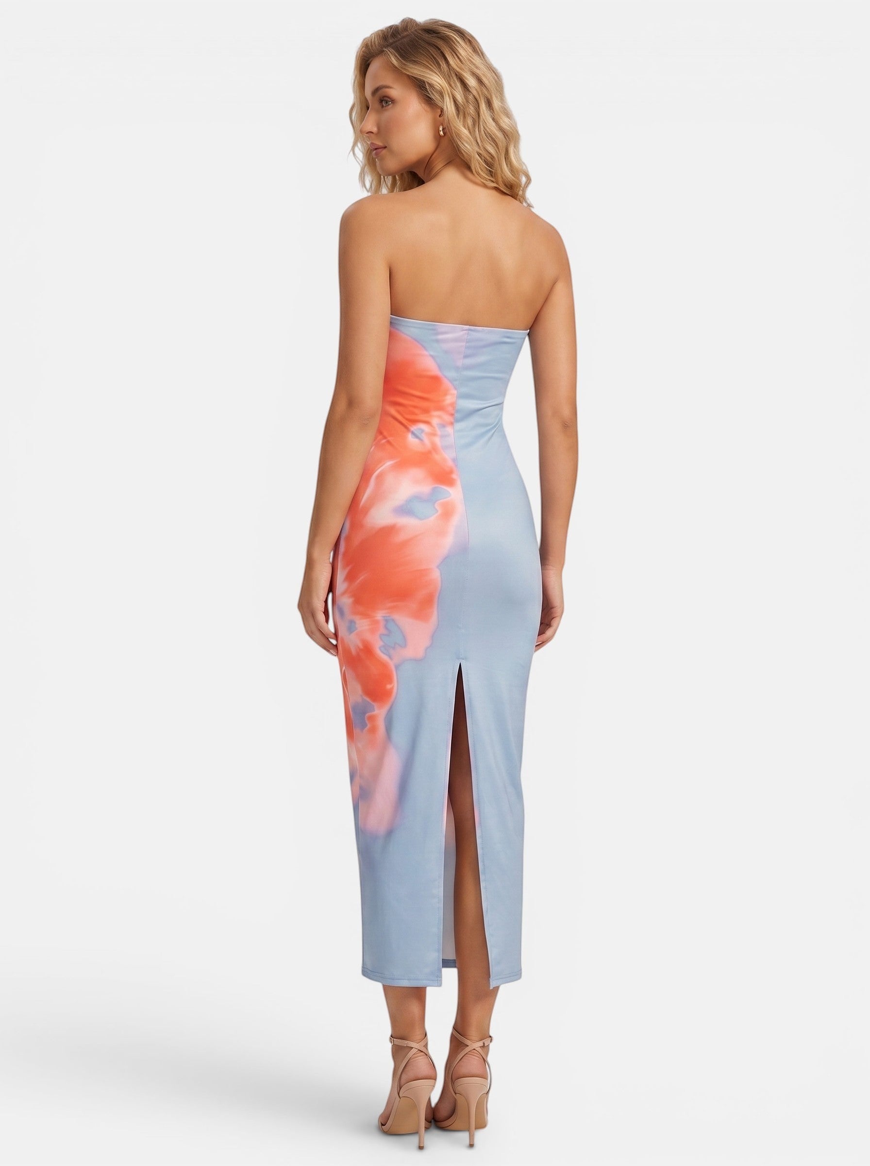 Venatte women's strapless maxi dress in light blue with an orange abstract print, backless design, and thigh-high slit.