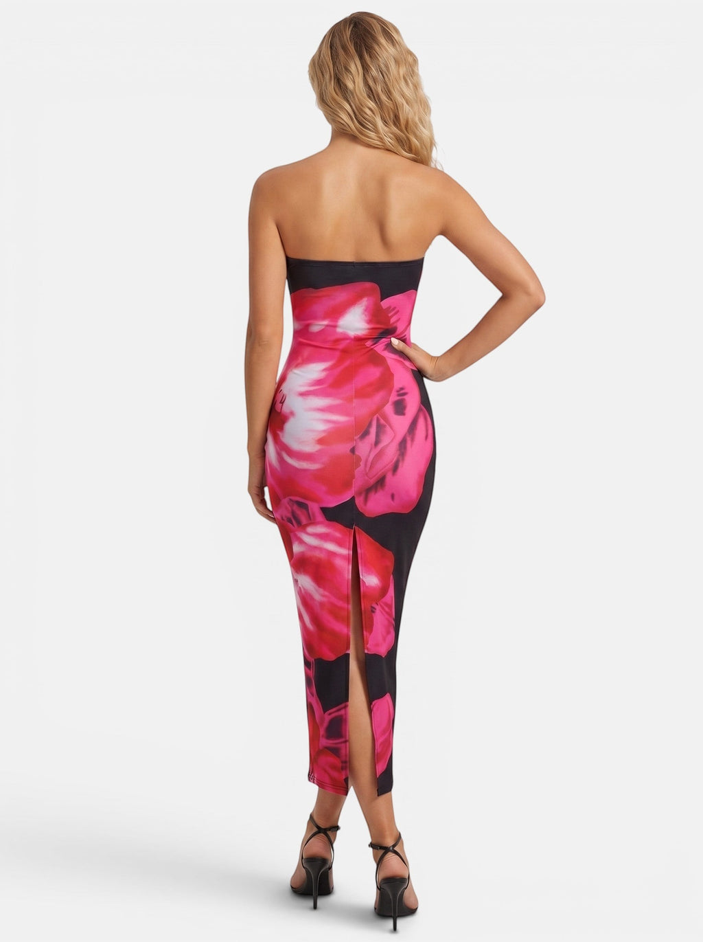 Venatte women's strapless maxi dress in black with a bold pink floral print and backless design. Features a thigh-high slit.