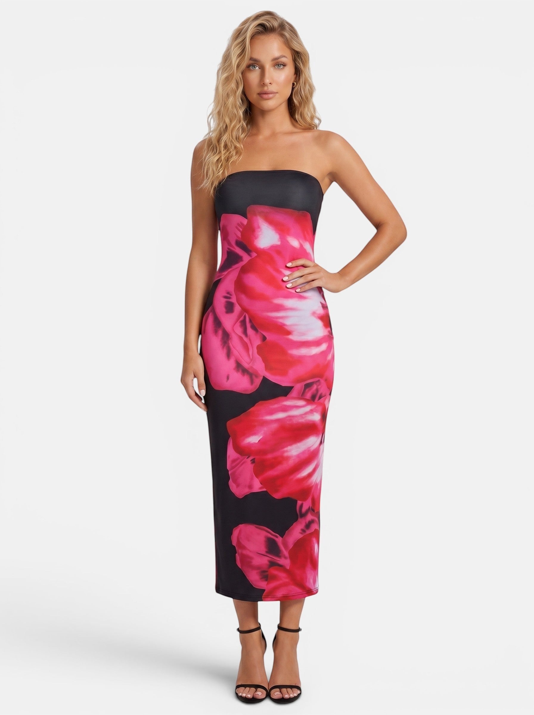 Venatte strapless maxi dress with bold pink floral print on black, backless design, polyester fabric.