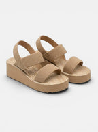 Venatte women's tan faux leather slingback wedge sandals with platform sole and elastic straps.