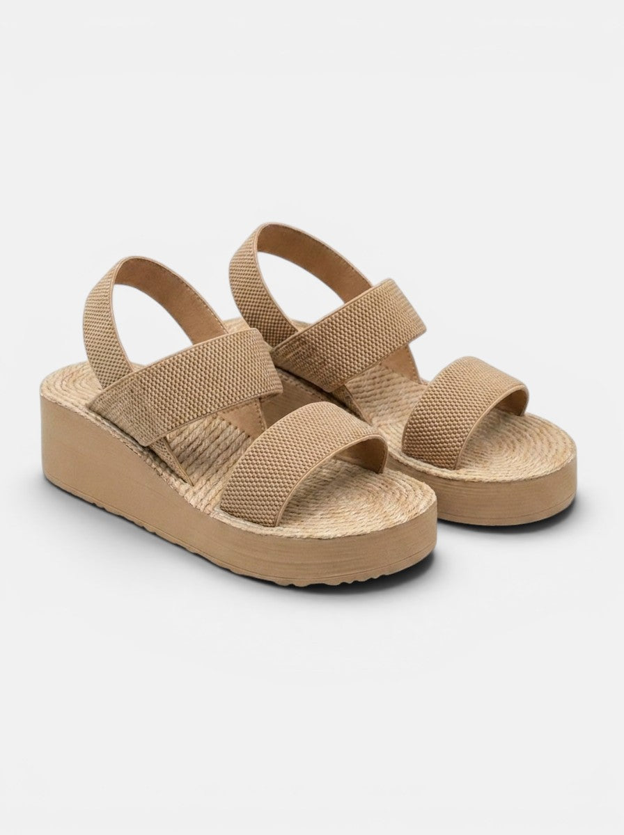 Venatte women's tan faux leather slingback wedge sandals with platform sole and elastic straps.