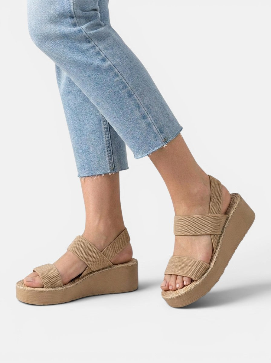 Venatte women's tan elastic strap wedge sandals with espadrille sole detail.