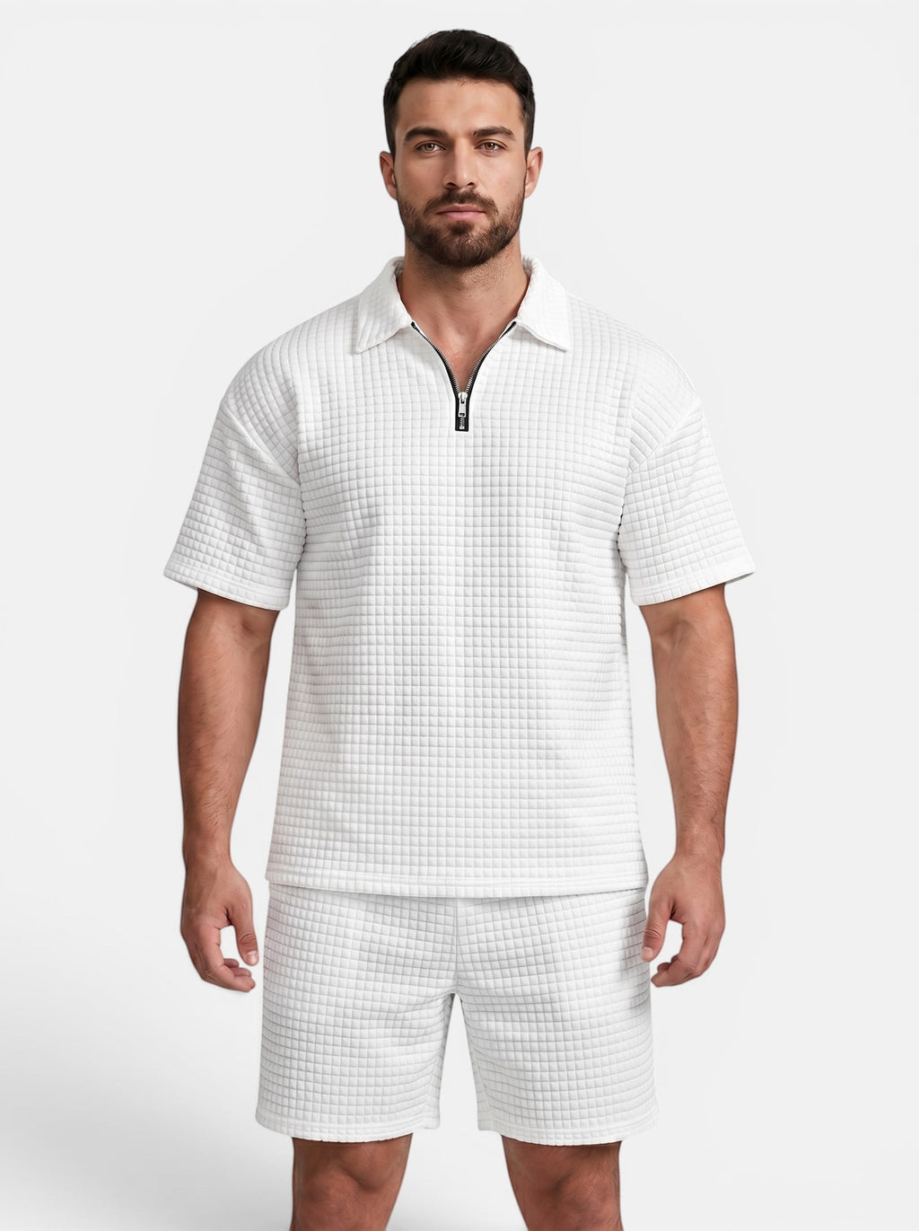 Venatte men's white quilted short-sleeve polo shirt and shorts set with quarter-zip closure.