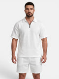 Venatte men's white quilted short-sleeve polo shirt and shorts set with quarter-zip closure.