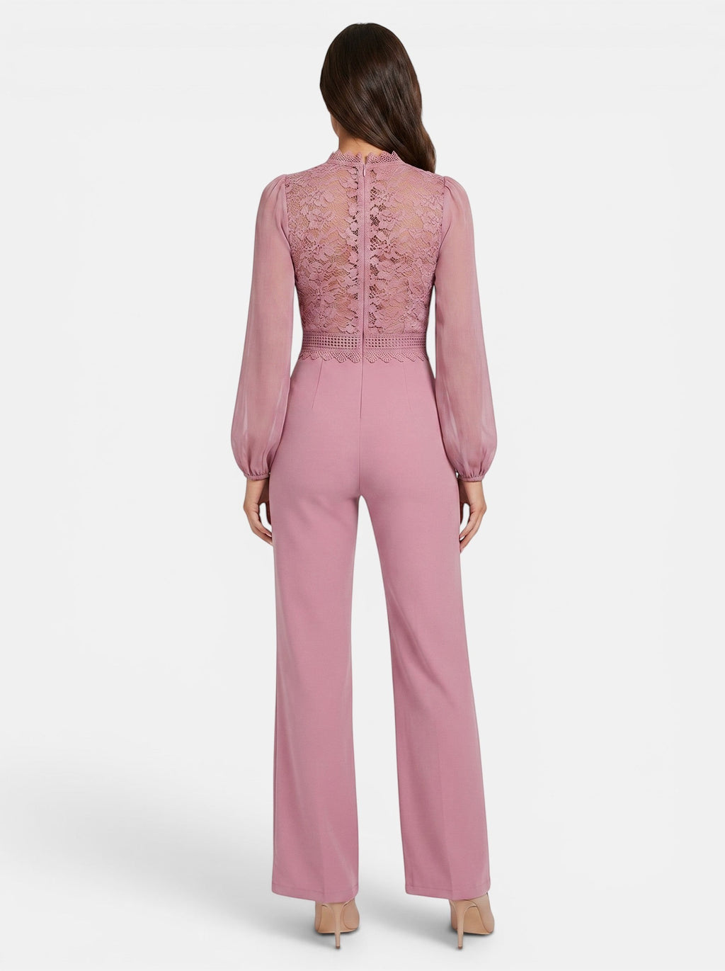Venatte women's dusty rose long sleeve crochet lace mesh jumpsuit with wide legs.