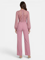 Venatte women's dusty rose long sleeve crochet lace mesh jumpsuit with wide legs.