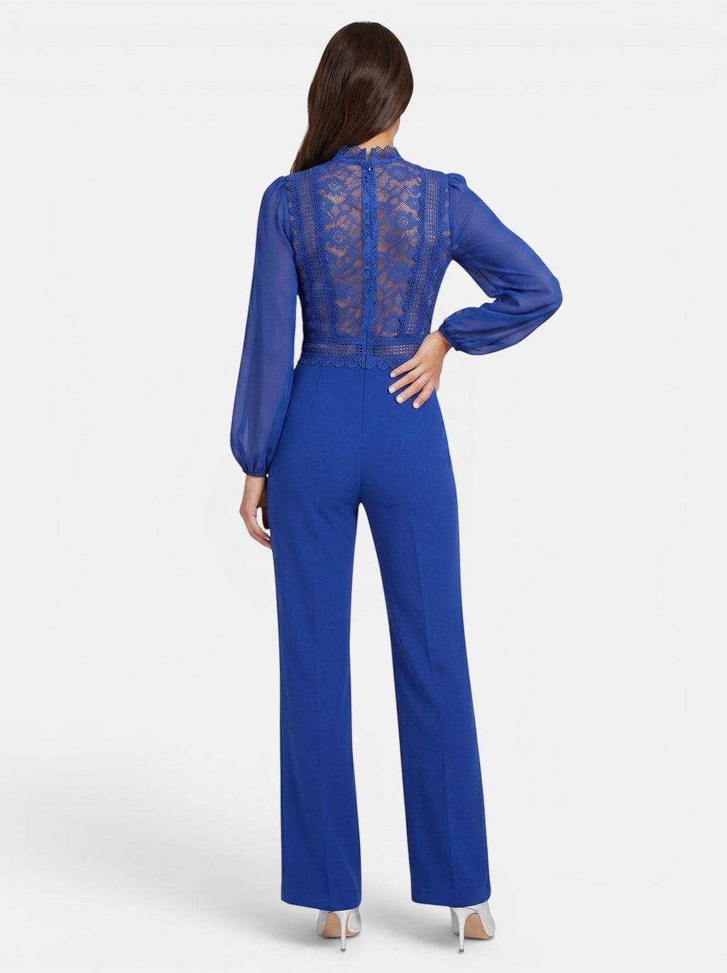 Venatte women's royal blue crochet lace mesh jumpsuit with long sleeves and flared legs. Elegant evening wear.