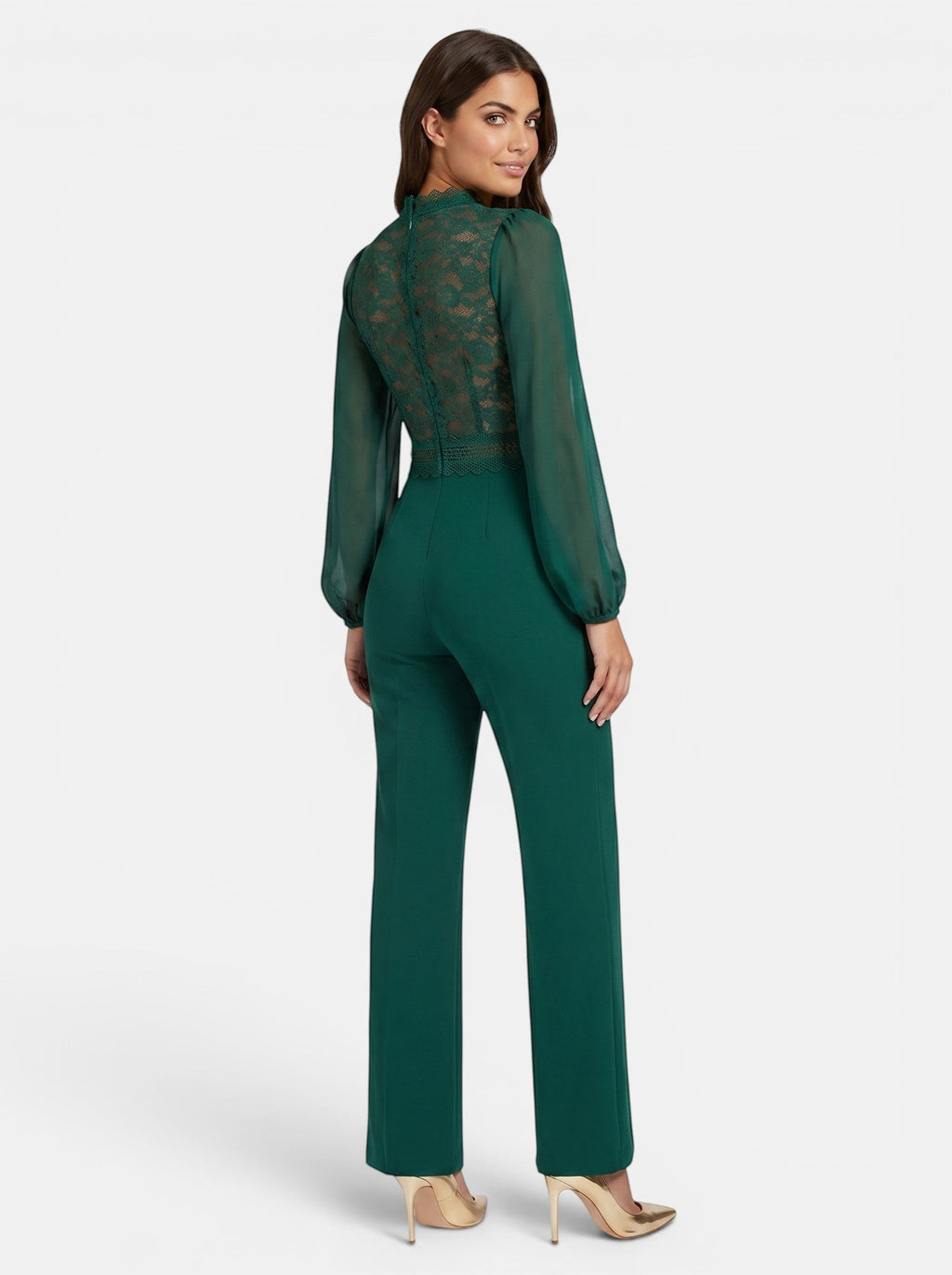 Venatte women's emerald green jumpsuit with long sheer sleeves, lace mesh back, and wide legs. Elegant evening wear.