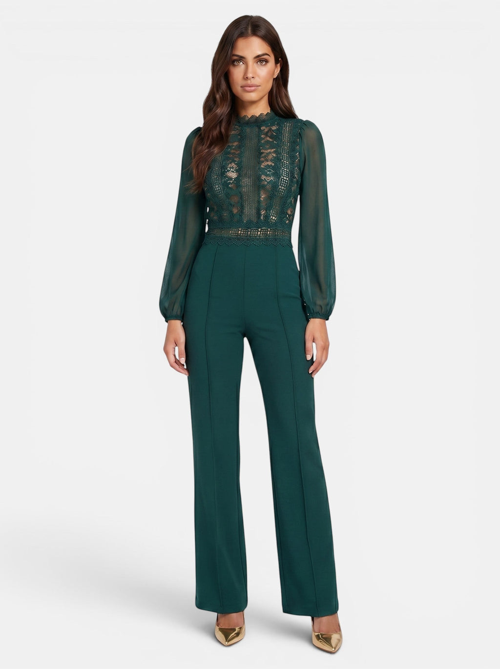 Venatte women's dark green crochet lace mesh jumpsuit with long sheer sleeves and flared legs. Elegant evening wear.