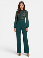 Venatte women's dark green crochet lace mesh jumpsuit with long sheer sleeves and flared legs. Elegant evening wear.
