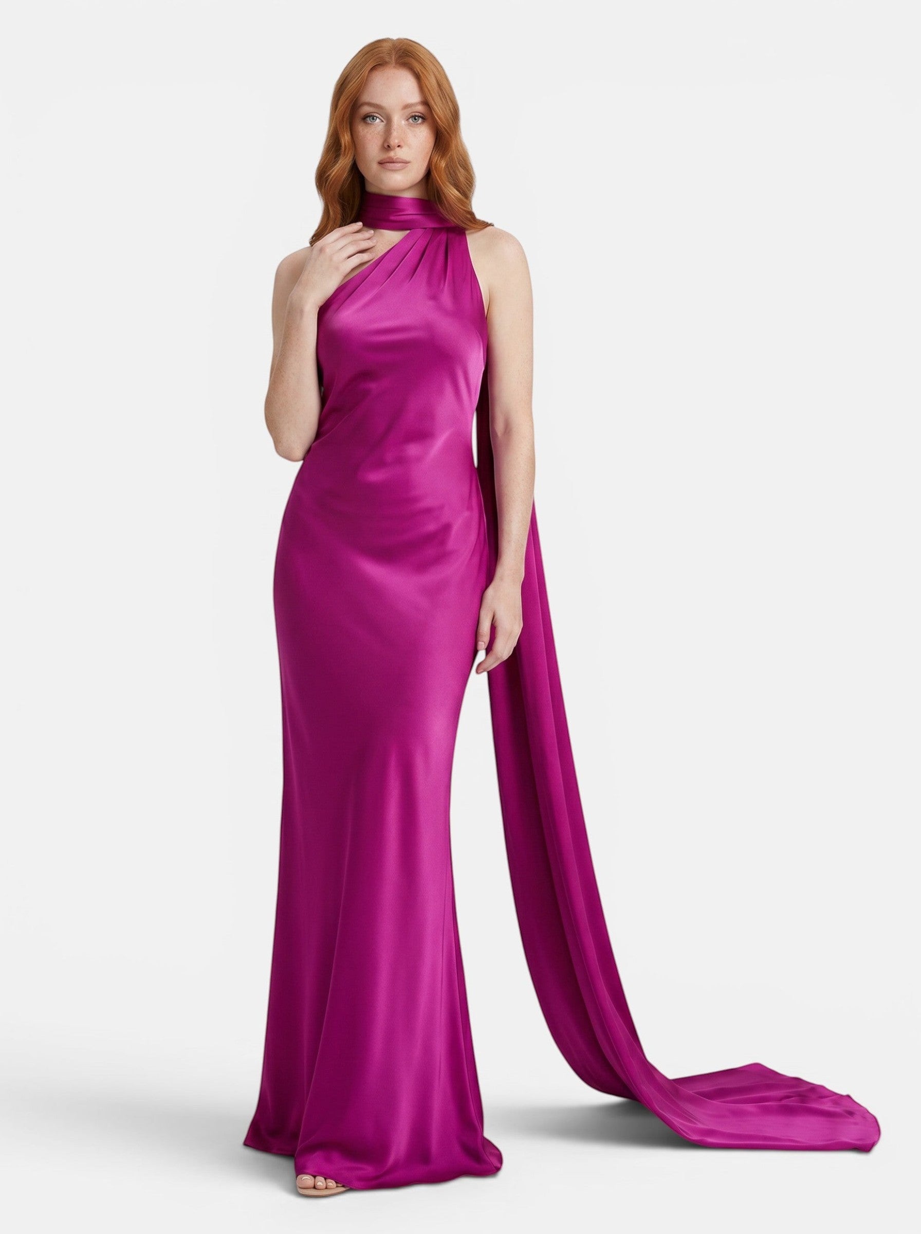 Venatte women's magenta satin style halter party dress with flowing back detail and open back.