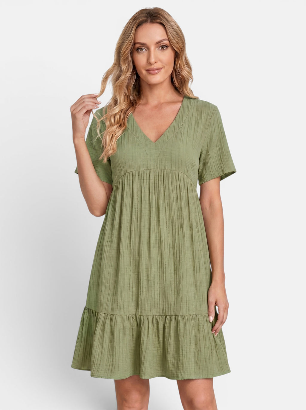 Venatte women's olive green ruffled V-neck mini dress made of a soft polyester blend, perfect for summer.
