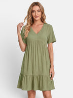 Venatte women's olive green ruffled V-neck mini dress made of a soft polyester blend, perfect for summer.
