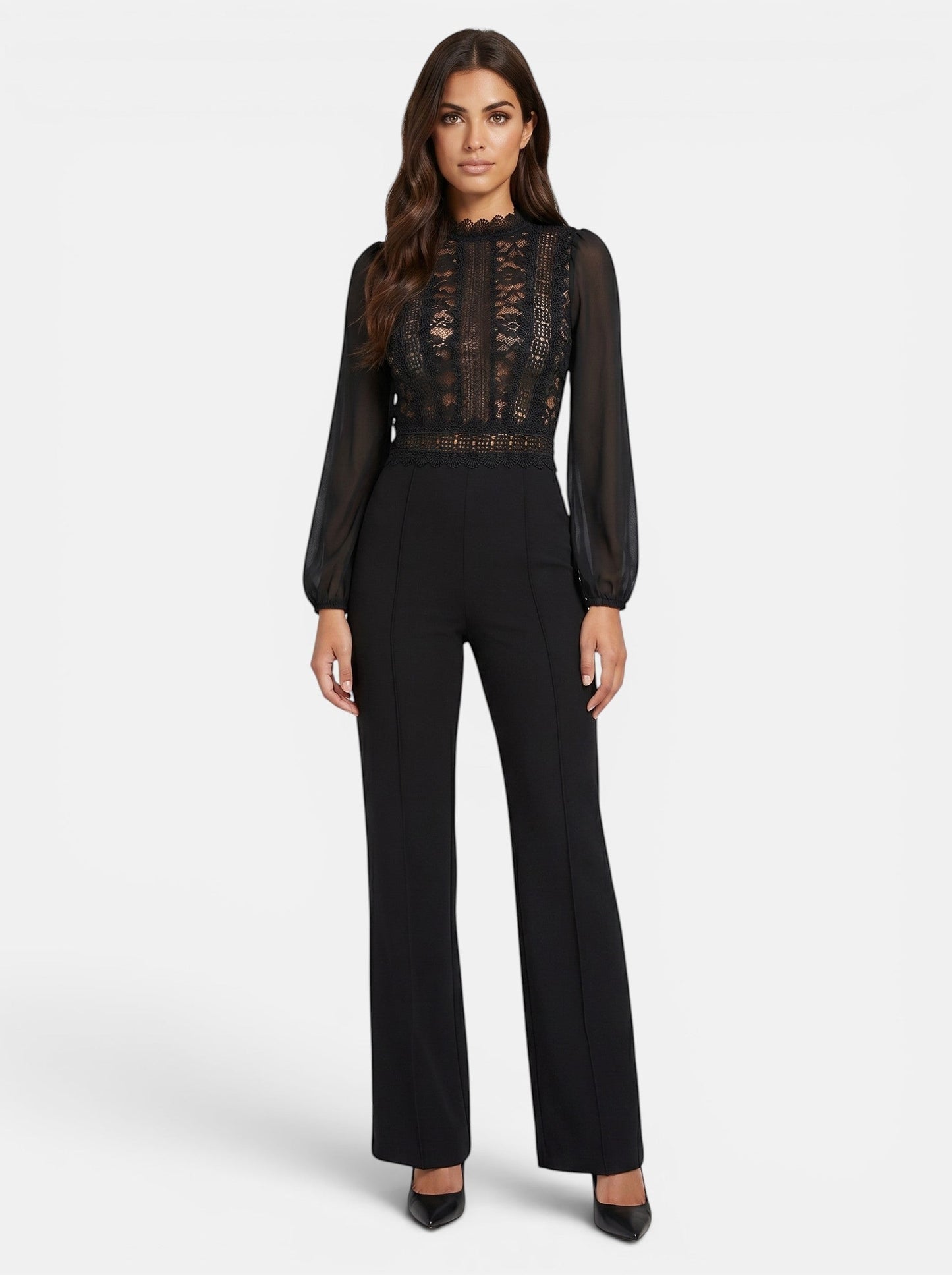 Women's black crochet lace mesh jumpsuit with long sheer sleeves and flared legs. Elegant evening wear.