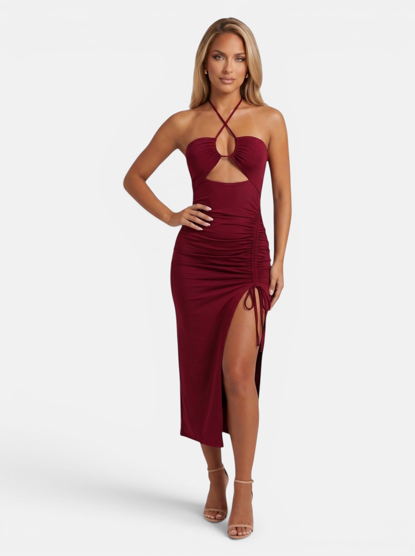 Women's sleeveless deep red bodycon midi dress with cutout and ruched side slit
