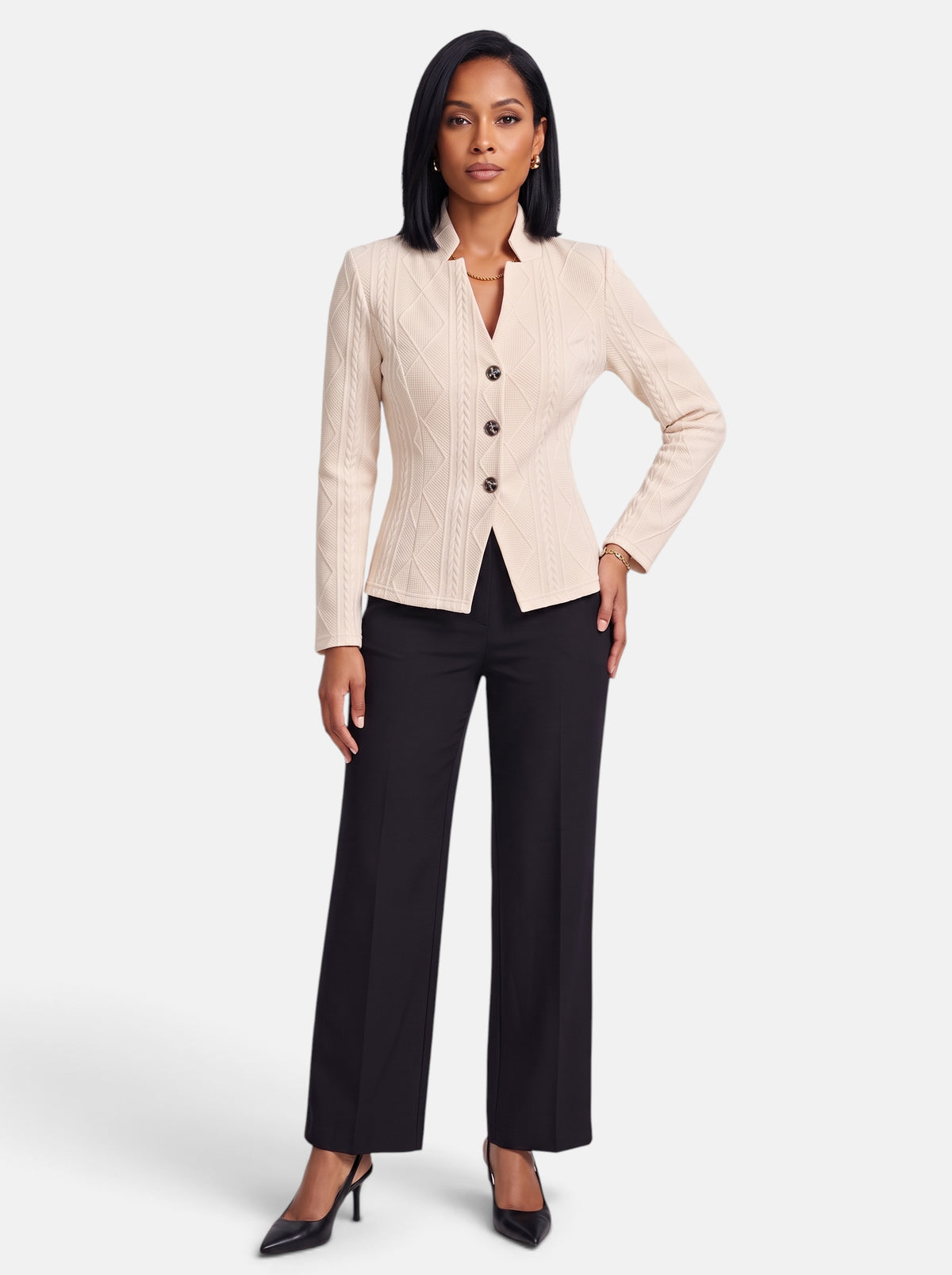 Women's Apricot Polished Slim Fit Button-Up Stand Collar Blazer - Full Body