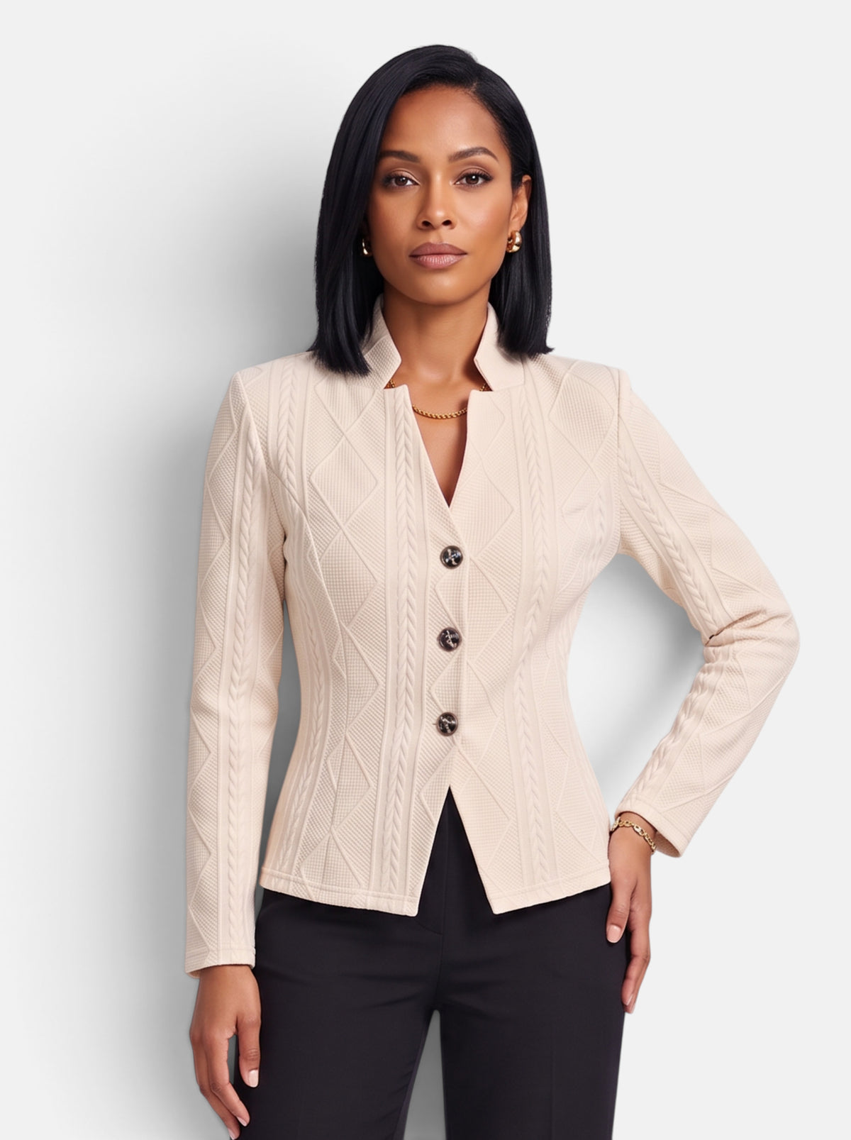 Women's Apricot Polished Slim Fit Button-Up Stand Collar Blazer - Front
