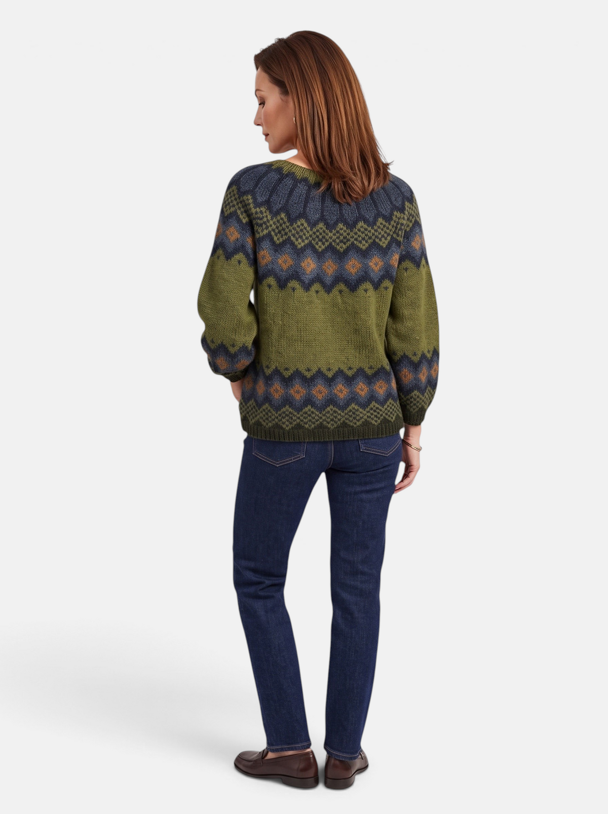 Women's Relaxed-Fit Color-Block Round Neck Pullover Sweater in Army-Green - Back