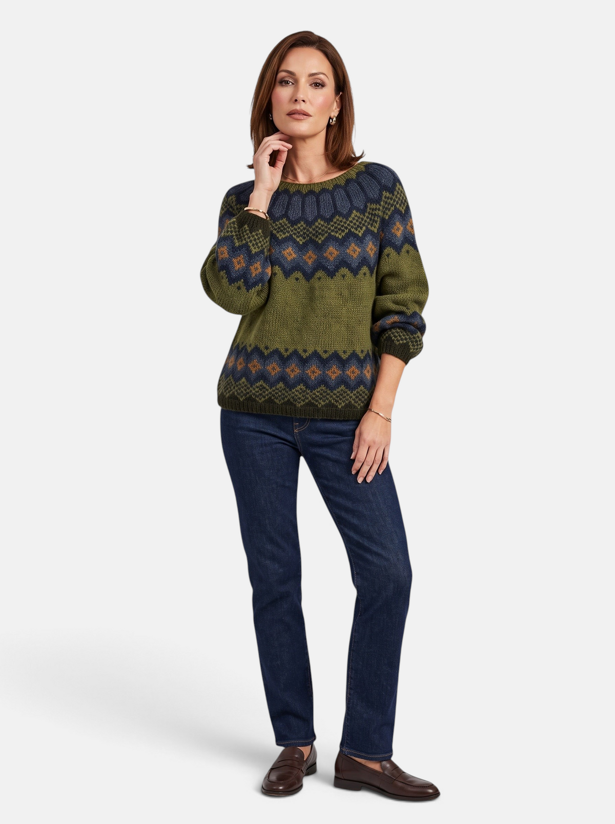 Women's Relaxed-Fit Color-Block Round Neck Pullover Sweater in Army-Green - Full Body