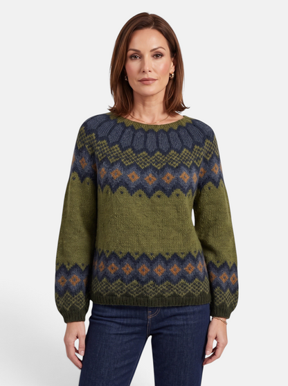 Women's Relaxed-Fit Color-Block Round Neck Pullover Sweater in Army-Green - Hero