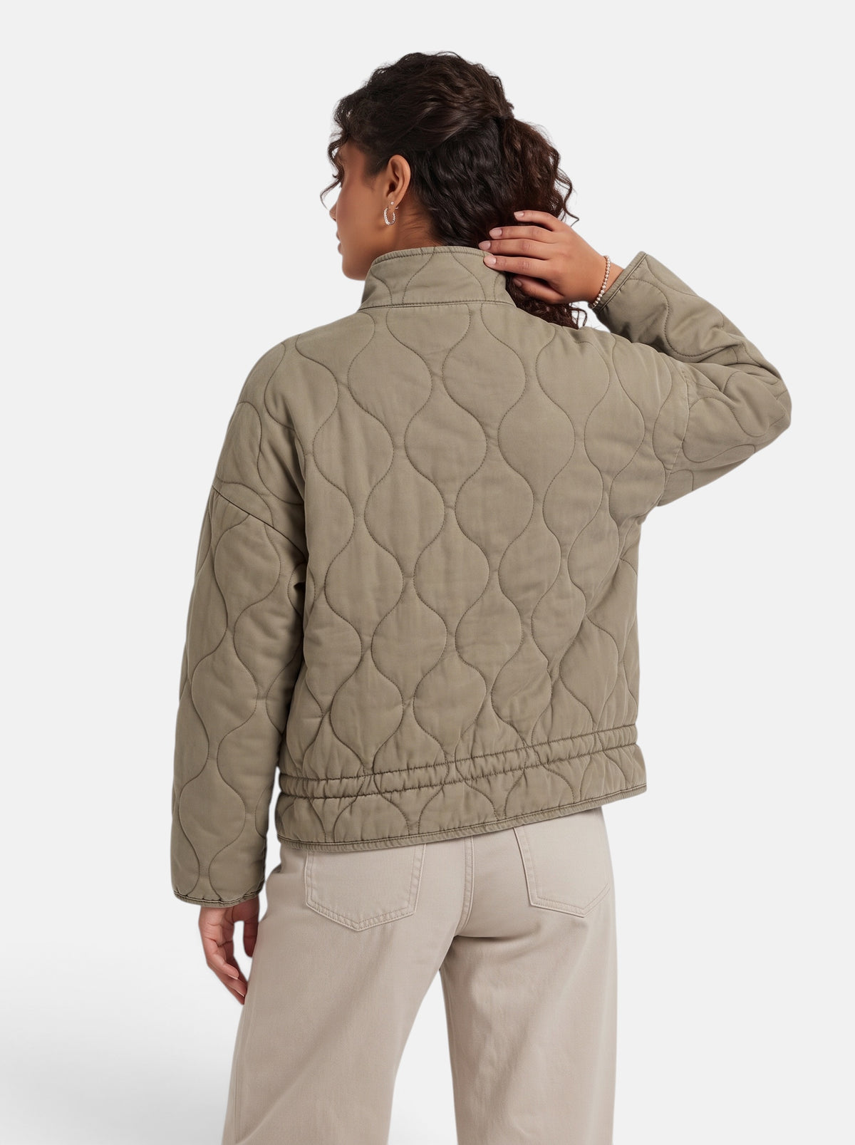 Women's Diamond-Quilted Padded Coat in Army Green - Back View