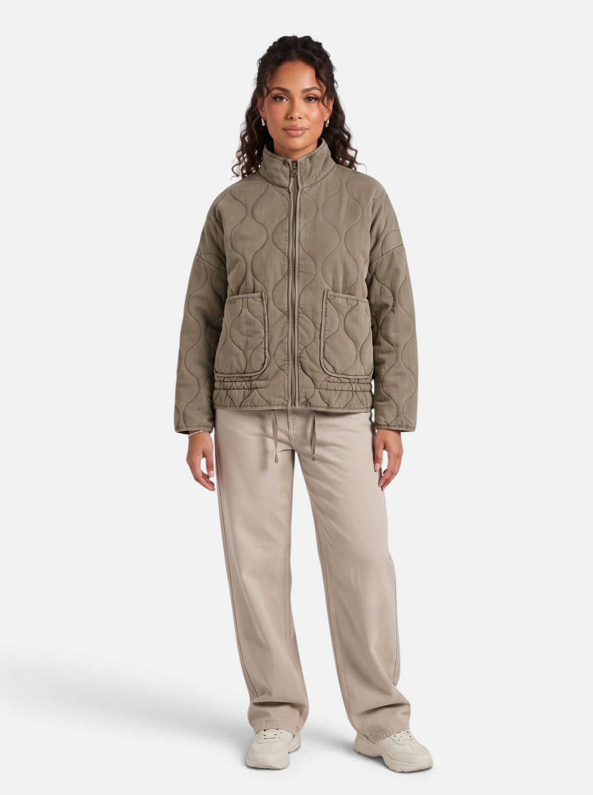 Women's Diamond-Quilted Padded Coat in Army Green - Full Length View
