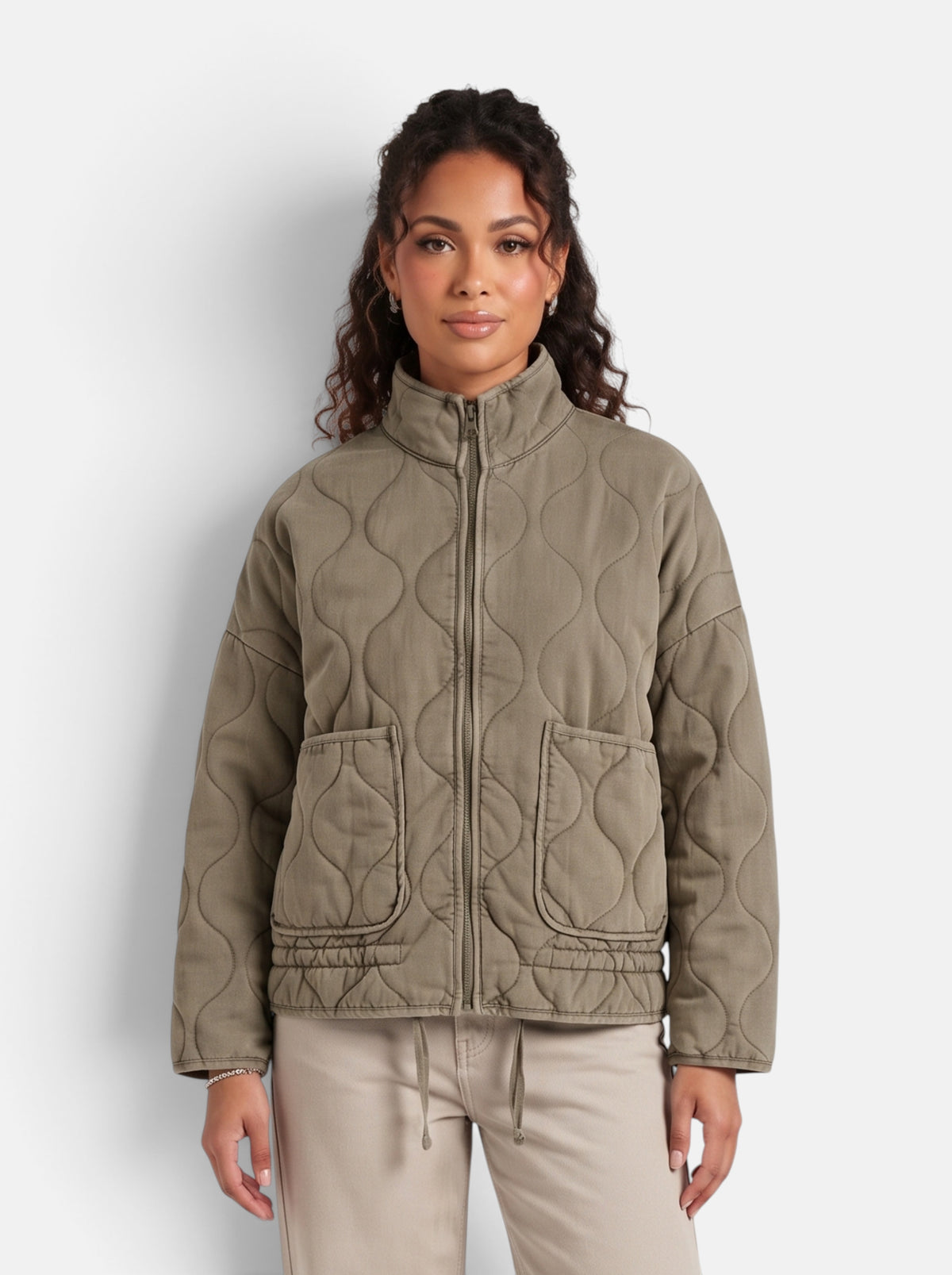 Women's Diamond-Quilted Padded Coat in Army Green - Front View