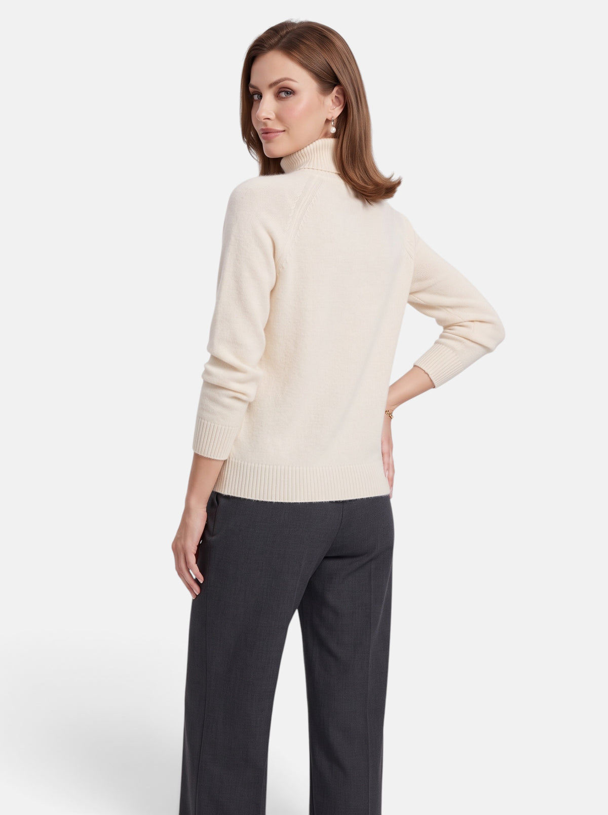 Women's Beige Boxy Turtleneck Long Sleeve Knit Sweater - Back