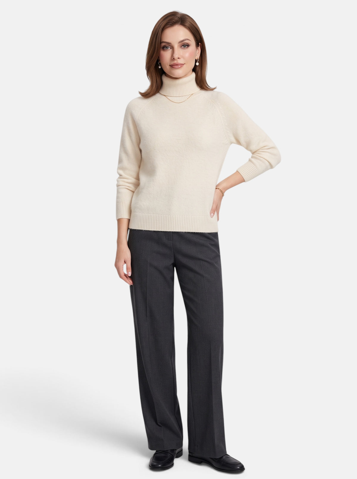 Women's Beige Boxy Turtleneck Long Sleeve Knit Sweater - Full Body