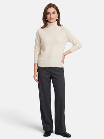 Women's Beige Boxy Turtleneck Long Sleeve Knit Sweater - Full Body