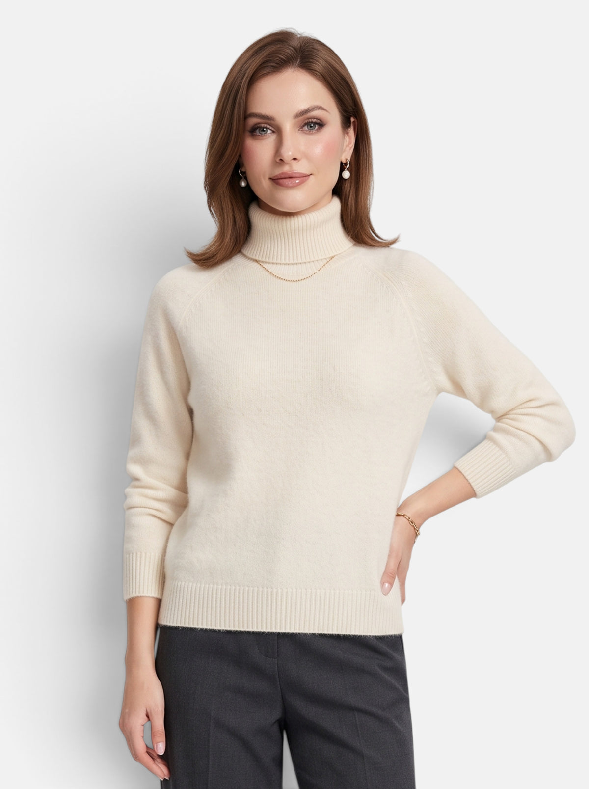 Women's Beige Boxy Turtleneck Long Sleeve Knit Sweater - Front