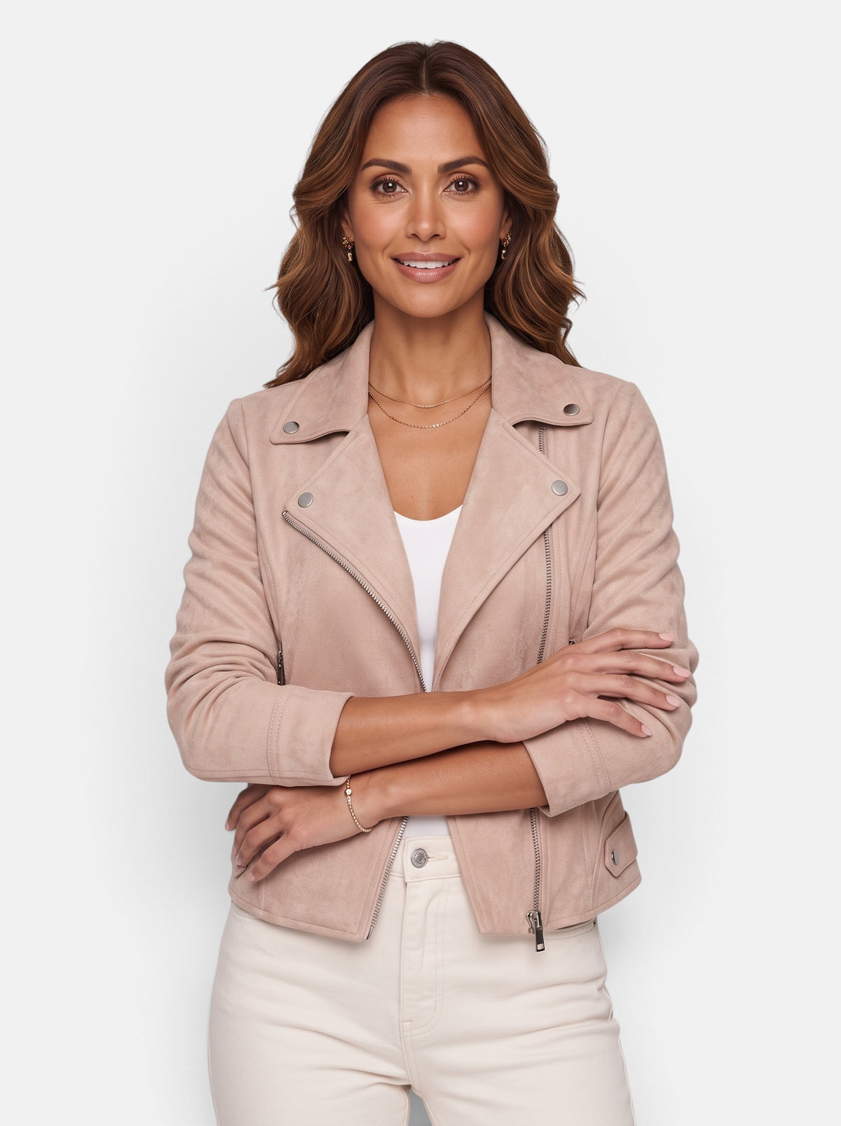 Women's Polished Cropped Zip-Up Slim Fit Jacket in Beige - Hero