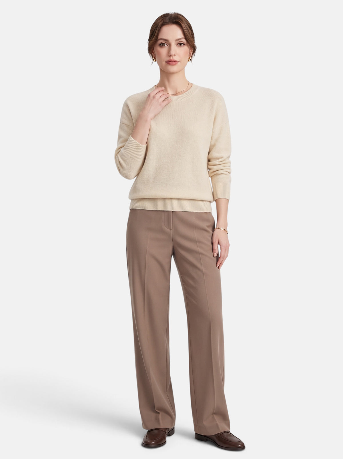 Women's Classic O-Neck Knit Pullover Sweater in Beige - Full Length View