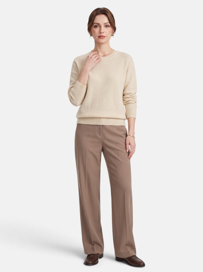 Women's Classic O-Neck Knit Pullover Sweater in Beige - Full Length View