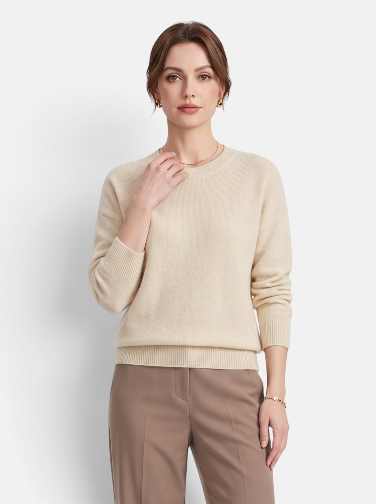 Women's Classic O-Neck Knit Pullover Sweater in Beige - Front View