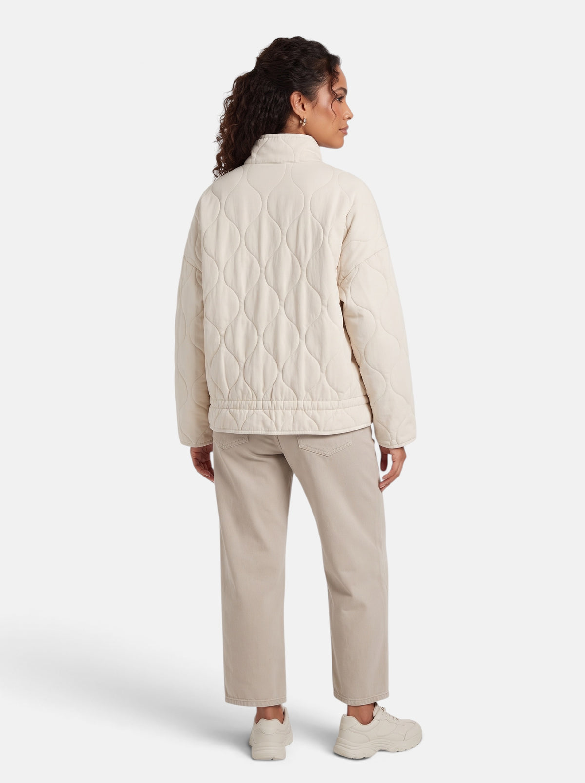 Women's Diamond-Quilted Padded Coat in Beige - Back View