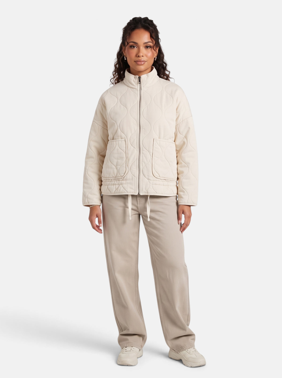 Women's Diamond-Quilted Padded Coat in Beige - Full Length View
